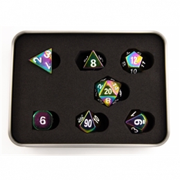 RAINBOW SET OF 7 METAL POLYHEDRAL DICE WITH WHITE NUMBERS