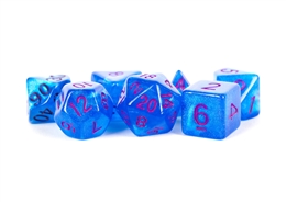 ACRYLIC DICE SET: 16MM STARDUST - BLUE WITH PURPLE NUMBERS 